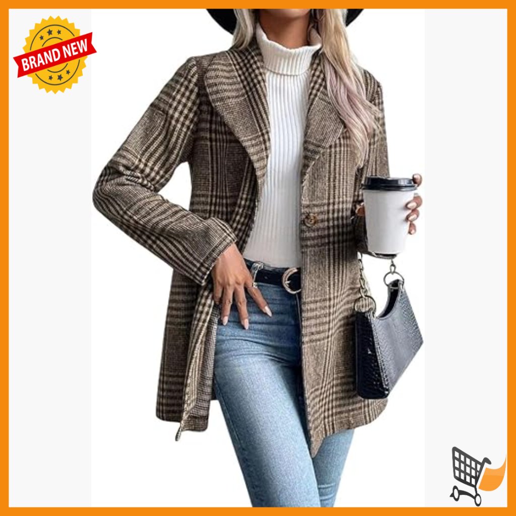 Vintage Plaid Wool Blend Blazer Coat Shawl Collar Trench Pea Coat